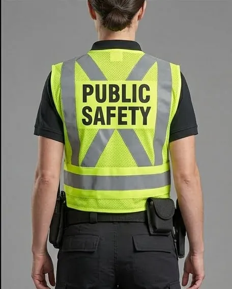 Back of a Skagit Safety Services officer's hi-vis vest reading PUBLIC SAFETY