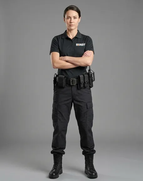 Skagit Safety Services officer in a black logo polo, duty belt, cargo pants and boots